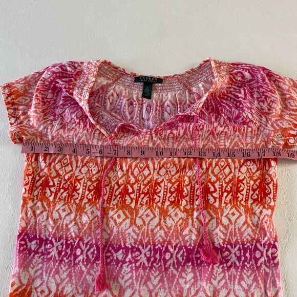 Lauren Ralph Lauren Top Small Pink Orange Ikat Print Tassel Peasant Blouse Boho - Picture 4 of 5